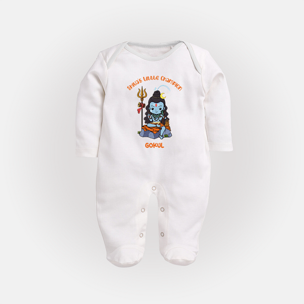 Shiva's Little Champion - Maha Shivaratri Customized Sleep Suit For Babies With Name - WHITE - New Born (Chest 7.5")