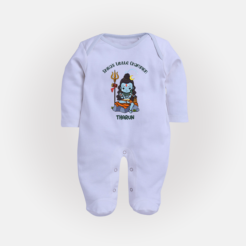 Shiva's Little Champion - Maha Shivaratri Customized Sleep Suit For Babies With Name - BABY BLUE - New Born (Chest 7.5")