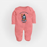 Shiva's Little Champion - Maha Shivaratri Customized Sleep Suit For Babies With Name - PEACH - New Born (Chest 7.5")