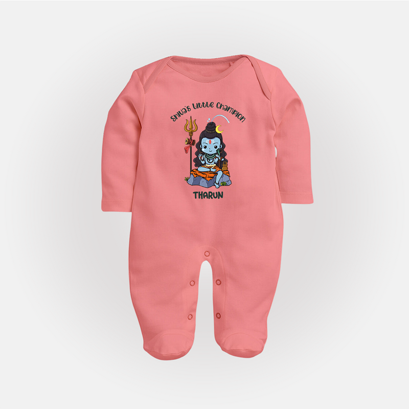 Shiva's Little Champion - Maha Shivaratri Customized Sleep Suit For Babies With Name - PEACH - New Born (Chest 7.5")