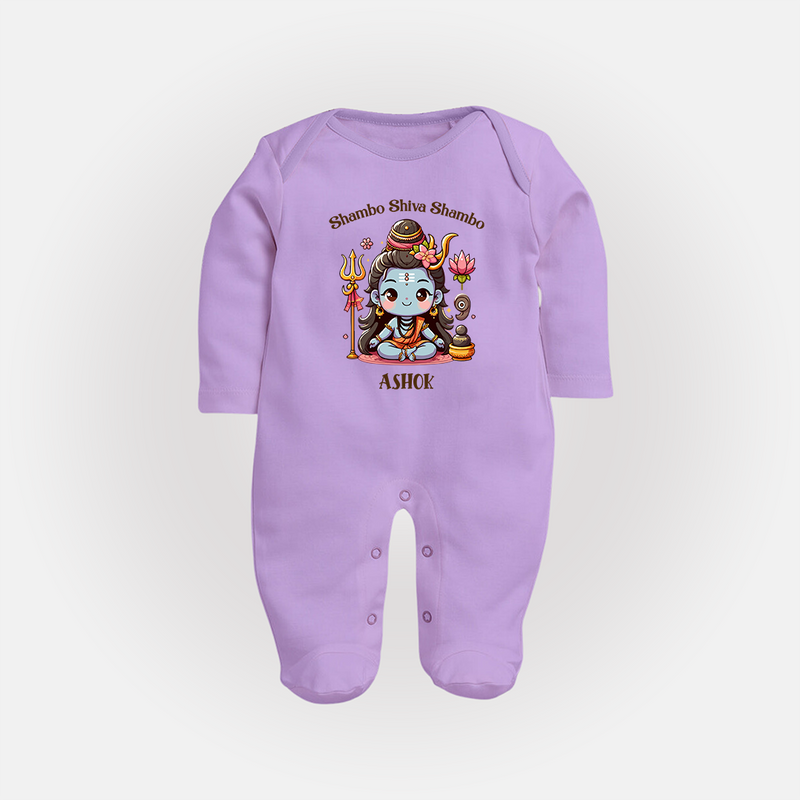 Shambo Shiva Shambo - Maha Shivaratri Customized Sleep Suit For Babies With Name - LILAC - New Born (Chest 7.5")