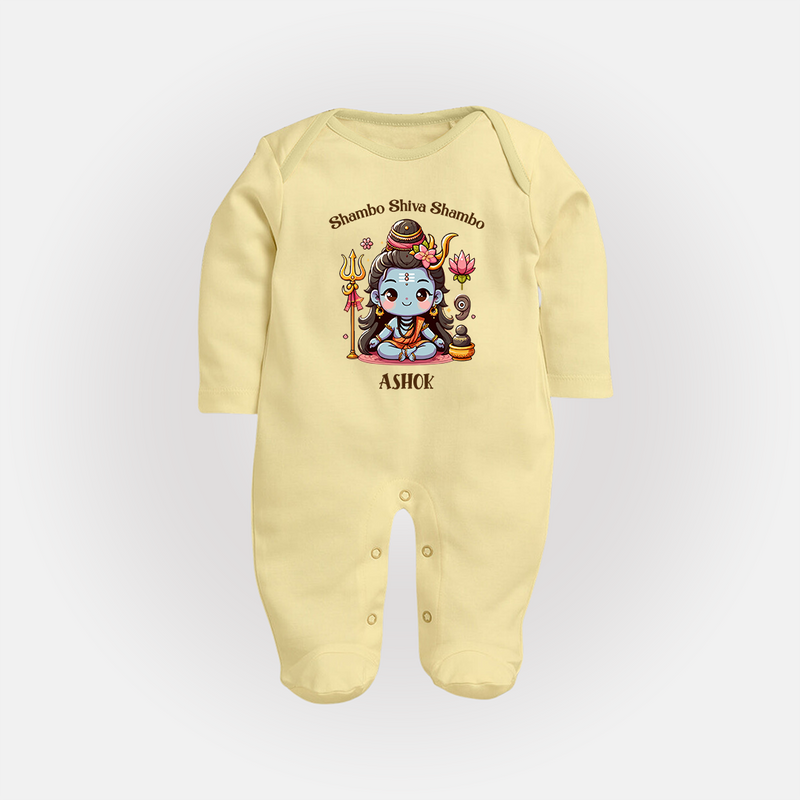 Shambo Shiva Shambo - Maha Shivaratri Customized Sleep Suit For Babies With Name - PASTEL YELLOW - New Born (Chest 7.5")