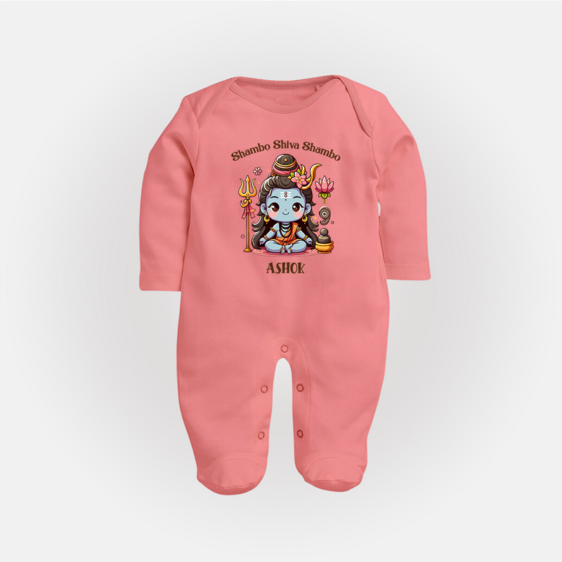 Shambo Shiva Shambo - Maha Shivaratri Customized Sleep Suit For Babies With Name - PEACH - New Born (Chest 7.5")