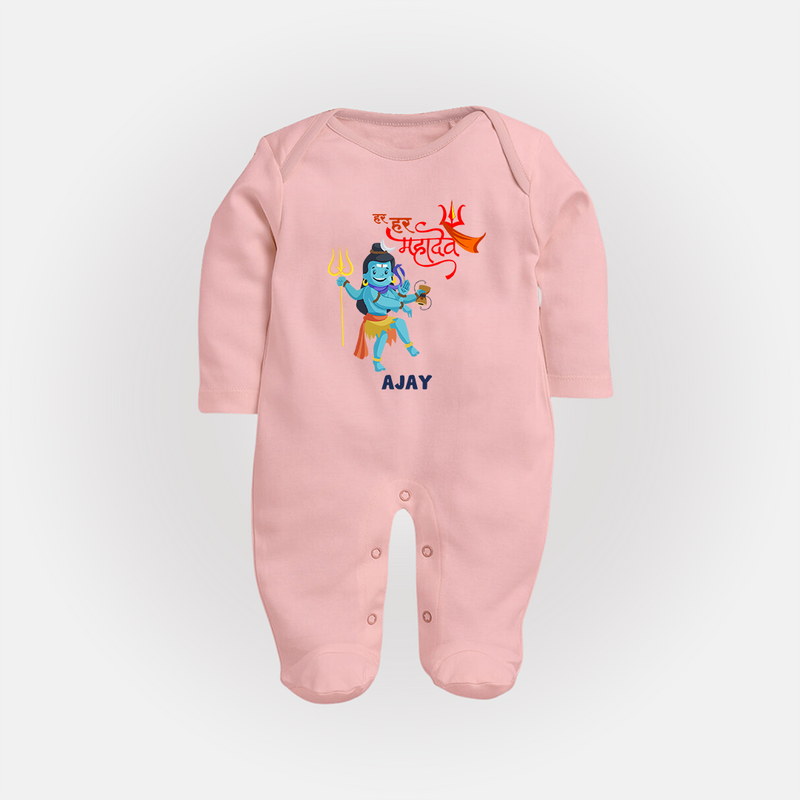 Hara Hara Mahadevaki - Maha Shivaratri Customized Sleep Suit For Babies With Name - BABY PINK - New Born (Chest 7.5")