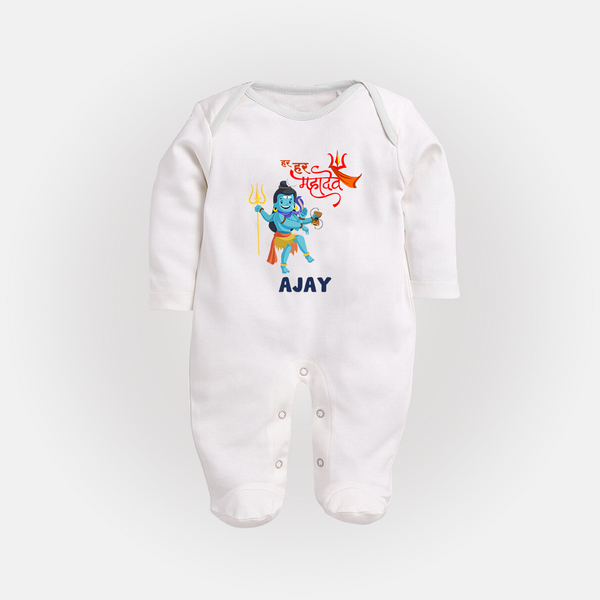 Glory to Lord Mahadev Sleep Suit | Personalized Sleep Suit for Mahadev's Blessings - WHITE - New Born (Chest 7.5")
