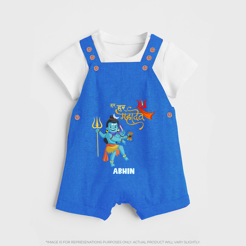 Hara Hara Mahadevaki - Maha Shivaratri Customized Dungaree Set For Kids With Name - COBALT BLUE - 0 - 5 Months Old (Chest 18")