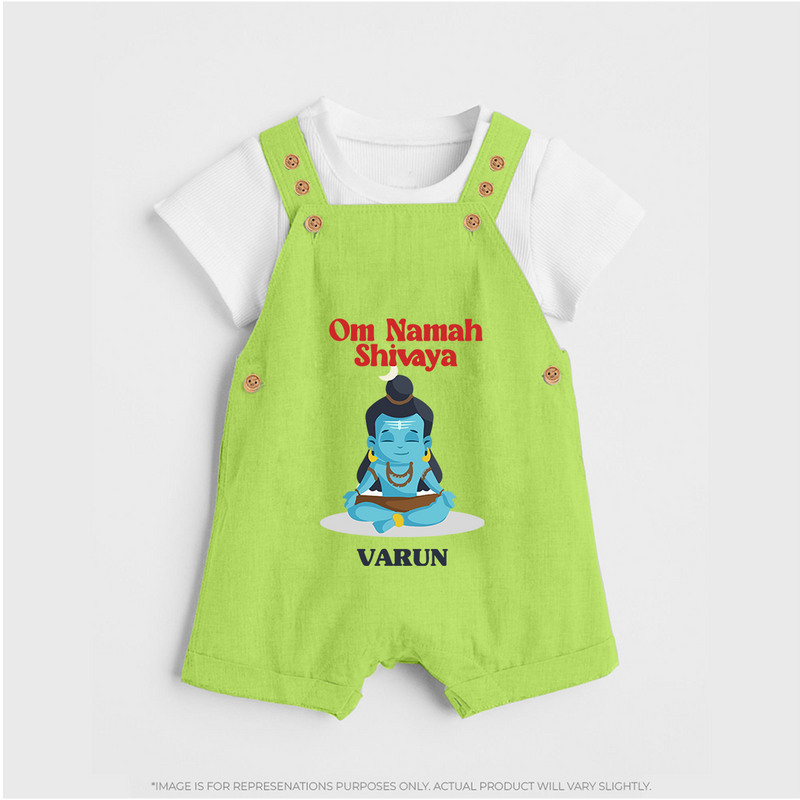 Om Namah Shivaya - Maha Shivaratri Customized Dungaree Set For Kids With Name - GREEN - 0 - 5 Months Old (Chest 18")