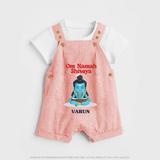 Om Namah Shivaya - Maha Shivaratri Customized Dungaree Set For Kids With Name - PEACH - 0 - 5 Months Old (Chest 18")