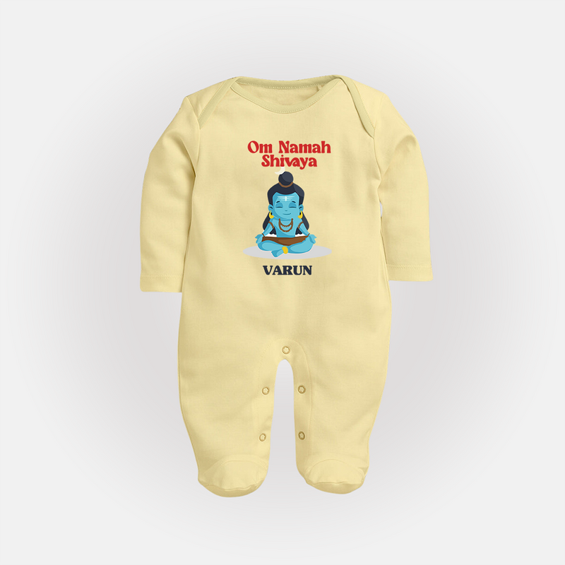 Om Namah Shivaya - Maha Shivaratri Customized Sleep Suit For Babies With Name - PASTEL YELLOW - New Born (Chest 7.5")