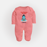 Om Namah Shivaya - Maha Shivaratri Customized Sleep Suit For Babies With Name - PEACH - New Born (Chest 7.5")