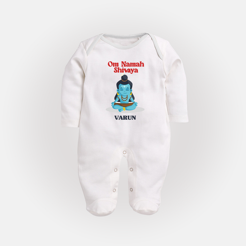 Om Namah Shivaya - Maha Shivaratri Customized Sleep Suit For Babies With Name - WHITE - New Born (Chest 7.5")