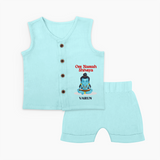 Om Namah Shivaya - Maha Shivaratri Customized Jabla Set For Babies With Name - BABY BLUE - 0 - 3 Months Old (Chest 9.8")