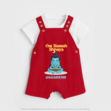 Om Namah Shivaya - Maha Shivaratri Customized Dungaree Set For Kids With Name - RED - 0 - 5 Months Old (Chest 18")