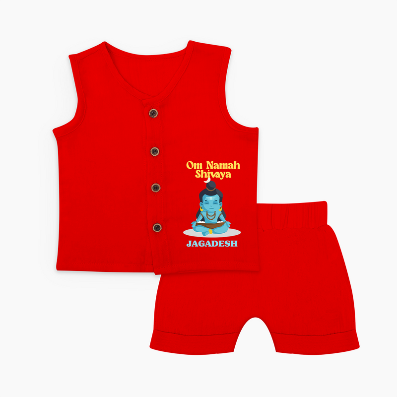 Om Namah Shivaya - Maha Shivaratri Customized Jabla Set For Babies With Name - RED - 0 - 3 Months Old (Chest 9.8")