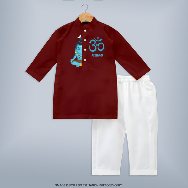 Om Kurta Set | Personalized Baby Kurta Set for Shiva Worship - MAROON - 3 - 6 Months Old (Chest 24", Kurta Length 14'', Waist 19", Pant Length 14")