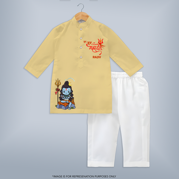 Hail Lord Shiva Kurta Set | Custom Baby Kurta Set for Shiva Celebration - PASTEL YELLOW - 3 - 6 Months Old (Chest 24", Kurta Length 14'', Waist 19", Pant Length 14")