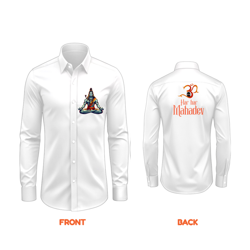 Hara Hara Mahadev Feel The Divine Power - Front And Back Imprinted Collared Full Sleeve Shirt For Adults - WHITE - S (Chest 40")