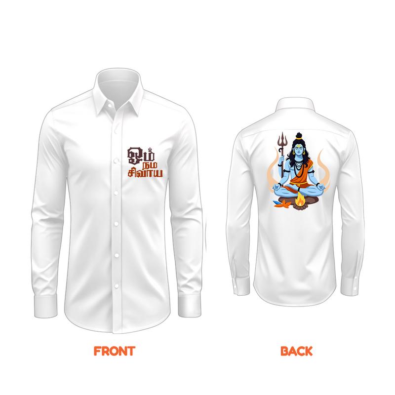 Om Namah Shivaya Strength And Serenity - Front And Back Imprinted Collared Full Sleeve Shirt For Adults - WHITE - S (Chest 40")