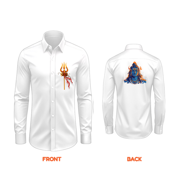 Kailash Nath The Lord Of Mount Kailash - Front And Back Imprinted Collared Full Sleeve Shirt For Adults - WHITE - S (Chest 40")