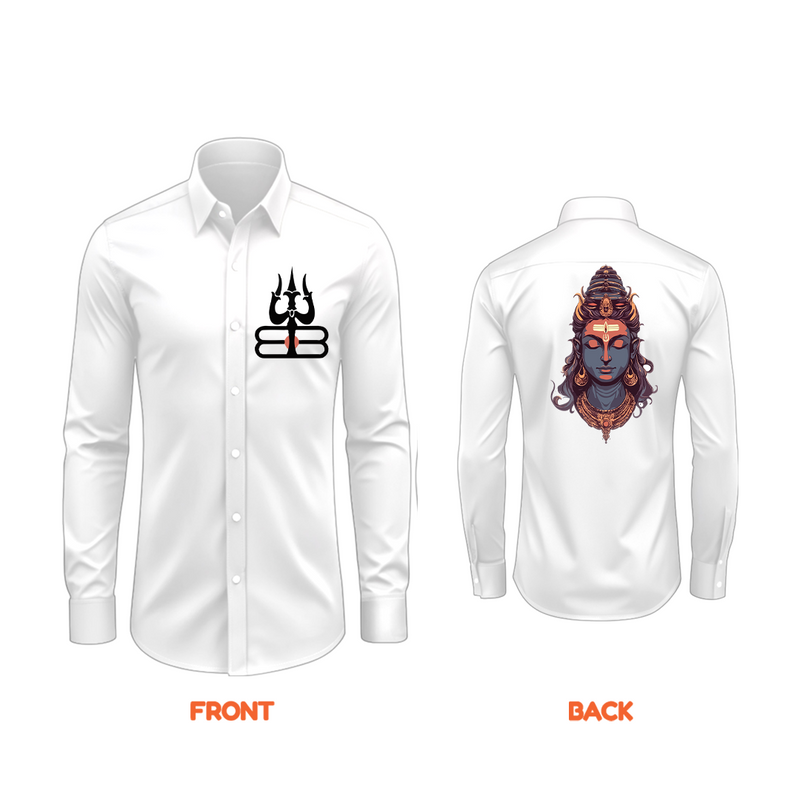 Shiva The Protector Of Devotees - Front And Back Imprinted Collared Full Sleeve Shirt For Adults - WHITE - S (Chest 40")