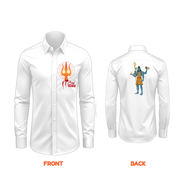 Om Namah Shivaya Vibration Of The Universe - Front And Back Imprinted Collared Full Sleeve Shirt For Adults - WHITE - S (Chest 40")