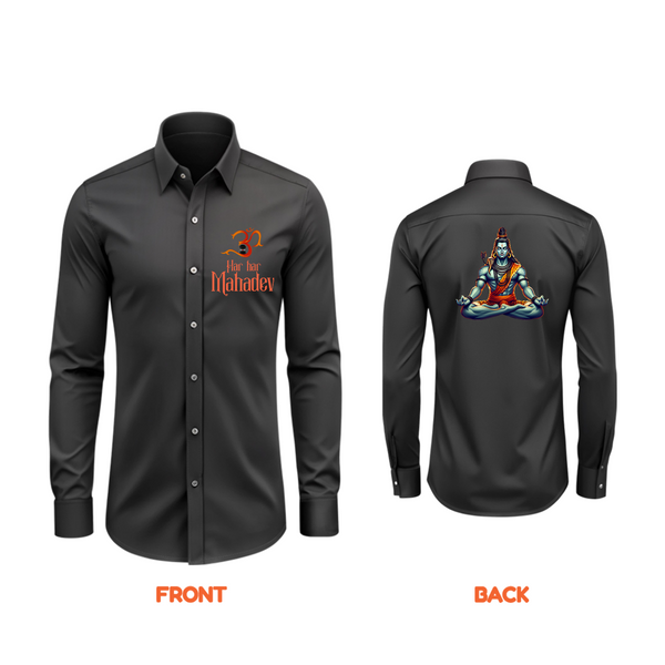 Har Har Mahadev - The Eternal Blessing - Front And Back Imprinted Collared Full Sleeve Shirt For Adults - BLACK - S (Chest 40")