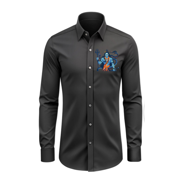 Shiva The Destroyer - Maha Shivaratri Themed Collared Full Sleeve Shirt for Adults - BLACK - S (Chest 40")