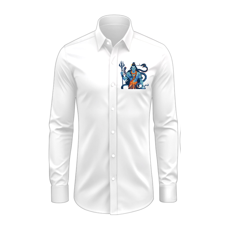 Shiva The Destroyer - Maha Shivaratri Themed Collared Full Sleeve Shirt for Adults - WHITE - S (Chest 40")