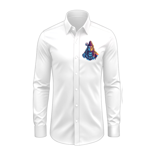 Divine Shiva , The Supreme Yogi - Maha Shivaratri Themed Collared Full Sleeve Shirt for Adults - WHITE - S (Chest 40")