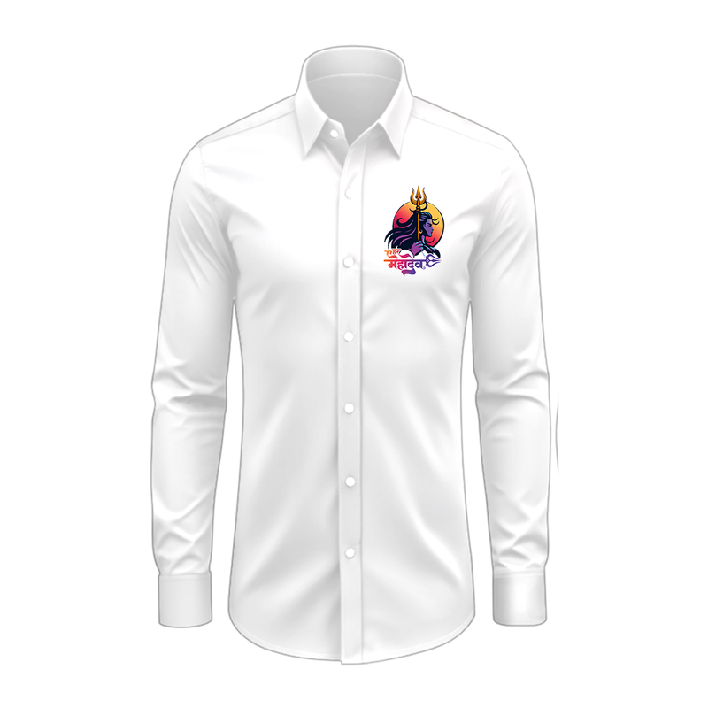 Har Har Mahadev,The Eternal Blessing - Maha Shivaratri Themed Collared Full Sleeve Shirt for Adults - WHITE - S (Chest 40")