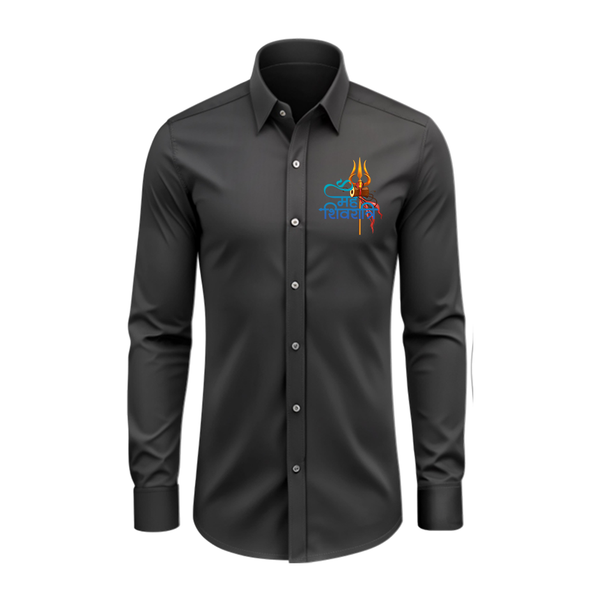 Hara Hara Mahadev Power Of Lord Shiva - Maha Shivaratri Themed Collared Full Sleeve Shirt for Adults - BLACK - S (Chest 40")