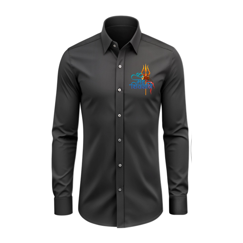 Hara Hara Mahadev Power Of Lord Shiva - Maha Shivaratri Themed Collared Full Sleeve Shirt for Adults - BLACK - S (Chest 40")