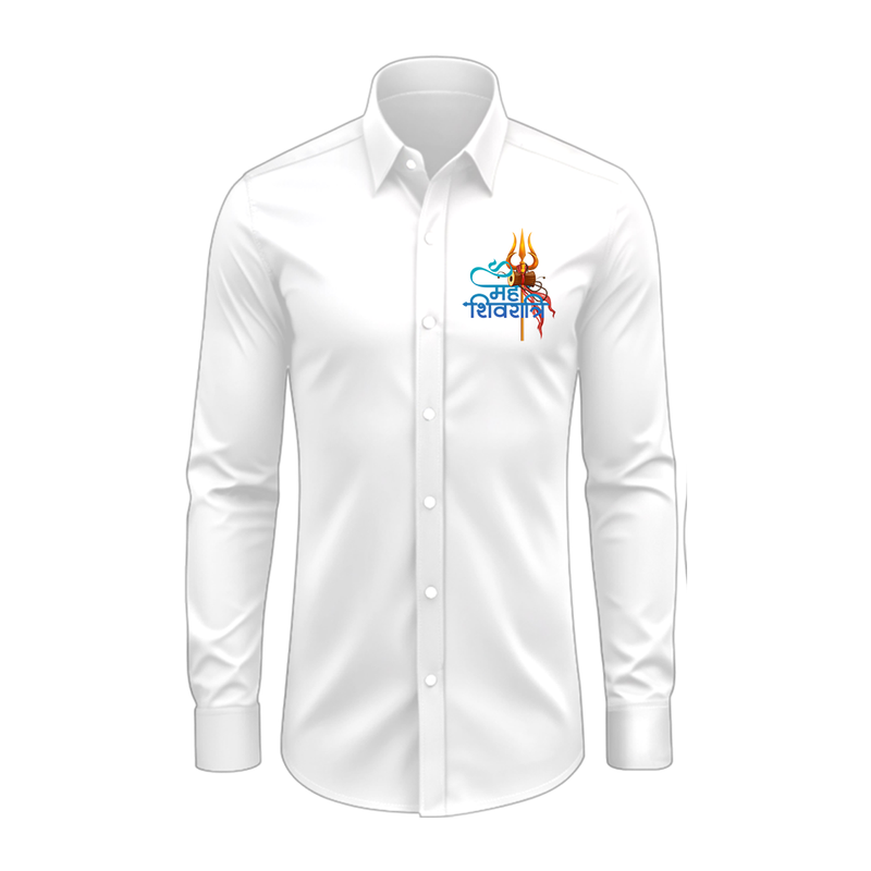 Hara Hara Mahadev Power Of Lord Shiva - Maha Shivaratri Themed Collared Full Sleeve Shirt for Adults - WHITE - S (Chest 40")