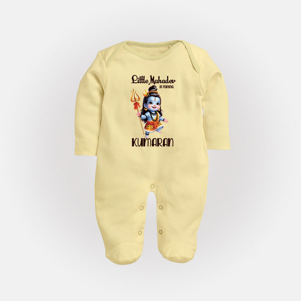 Little Mahadev in Training Kids Fullbody Suit – Personalized Shiva Theme - PASTEL YELLOW - New Born (Chest 7.5")