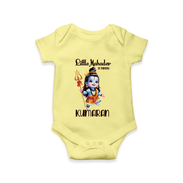 Little Mahadev in Training Kids Romper – Personalized Shiva Theme - PASTEL YELLOW - New Born (Chest 14")