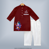 Maha Shivratri Kids kurta – Personalized Shiva Theme - MAROON - 3 - 6 Months Old (Chest 24", Kurta Length 14'', Waist 19", Pant Length 14")