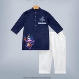 Maha Shivratri Kids kurta – Personalized Shiva Theme - NAVY BLUE - 3 - 6 Months Old (Chest 24", Kurta Length 14'', Waist 19", Pant Length 14")