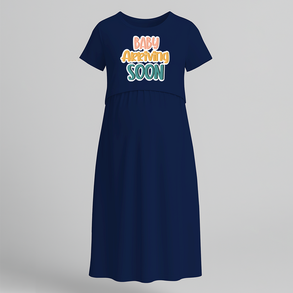 "Baby Arriving Soon"- Comfort Fit Maternity Maxi Dress With Prints - NAVY BLUE - Extra Small (Chest 32")