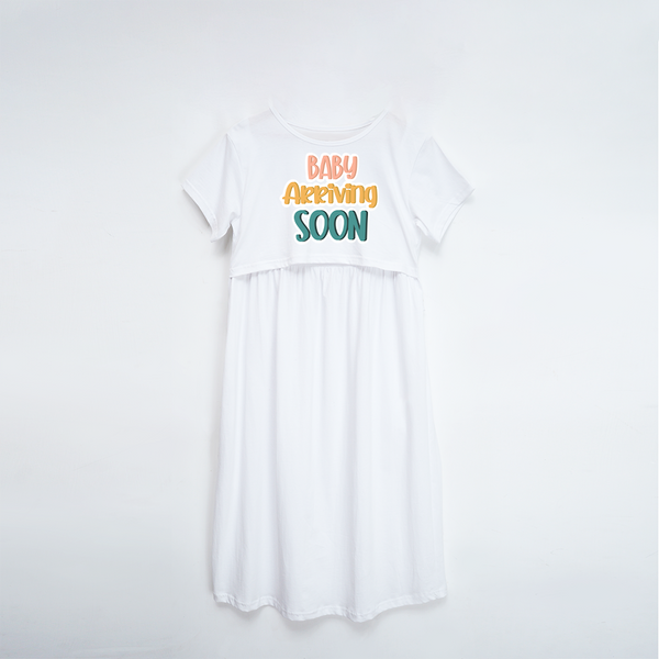 "Baby Arriving Soon"- Comfort Fit Maternity Maxi Dress With Prints - WHITE - XS XS(Chest 32")