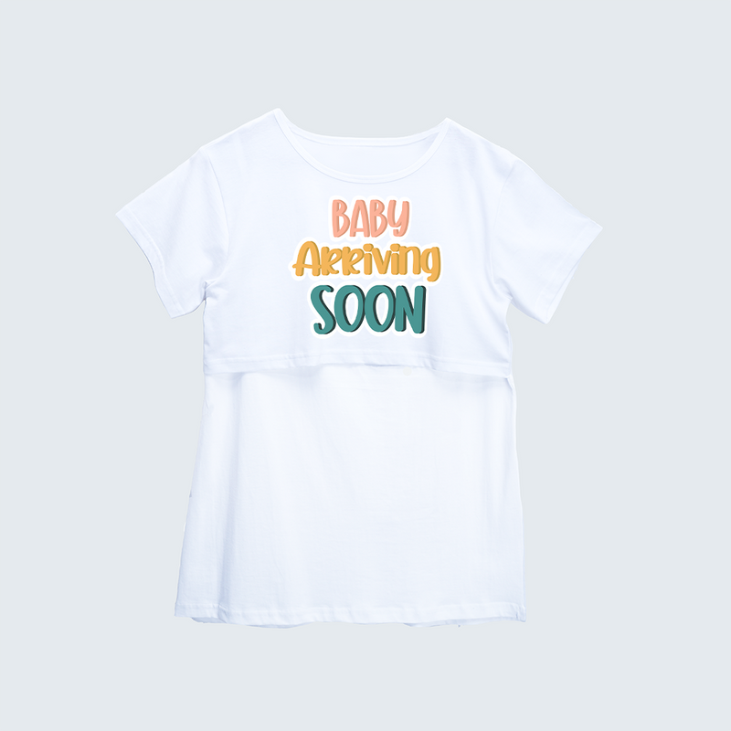 "Baby Arriving Soon"- Comfort Fit Maternity T-shirt With Prints - WHITE - XS XS(Chest 32")