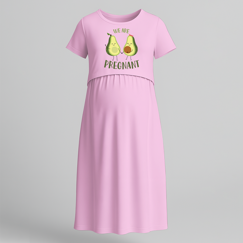 "We Are Pregnant "- Comfort Fit Maternity Maxi Dress With Prints - BABY PINK - Extra Small (Chest 32")