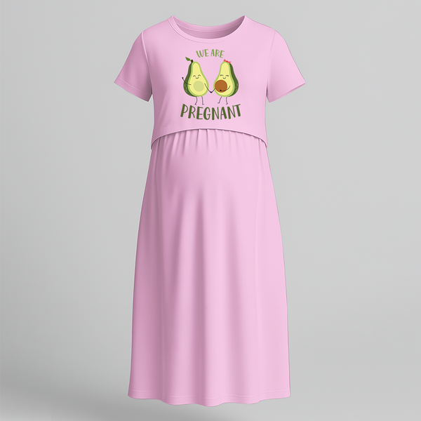 "We Are Pregnant "- Comfort Fit Maternity Maxi Dress With Prints - BABY PINK - Extra Small (Chest 32")