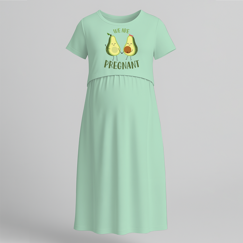 "We Are Pregnant "- Comfort Fit Maternity Maxi Dress With Prints - MINT GREEN - Extra Small (Chest 32")