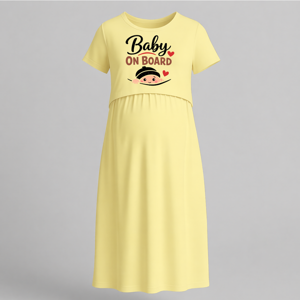 Baby On Board Printed Feeding Maternity Maxi Dress - PASTEL YELLOW - Extra Small (Chest 32")