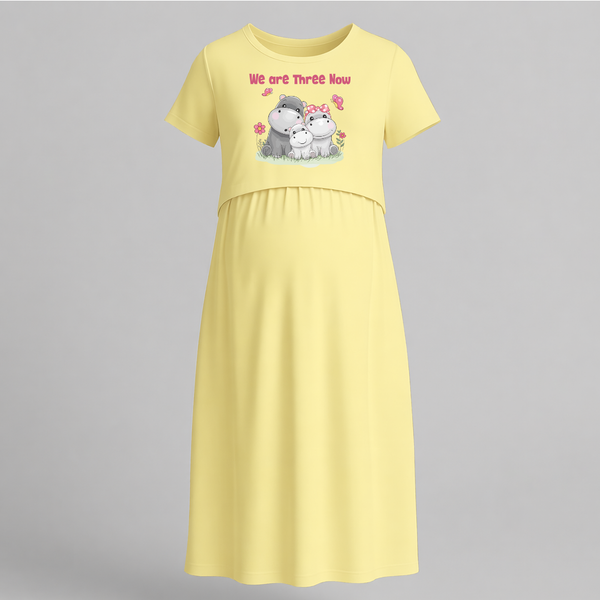 We Are Three Now Hippo Family Pregnancy Maxi - PASTEL YELLOW - Extra Small (Chest 32")