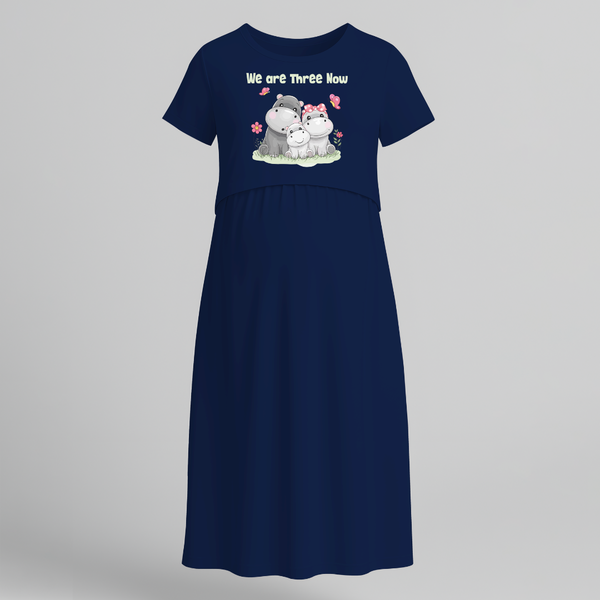We Are Three Now Hippo Family Pregnancy Maxi - NAVY BLUE - Extra Small (Chest 32")