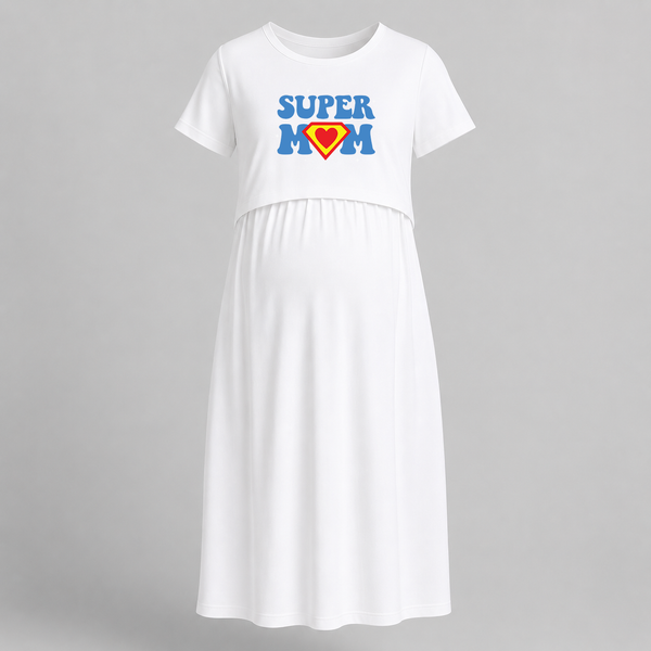 Super Mom Graphic Printed Feeding Maxi Dress - WHITE - Extra Small (Chest 32")