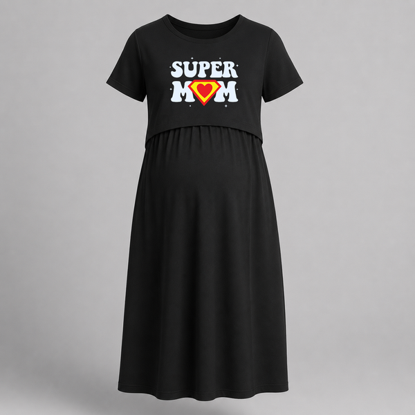 Super Mom Graphic Printed Feeding Maxi Dress - BLACK - Extra Small (Chest 32")