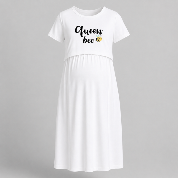 Queen Bee Printed Maternity Feeding Dress - WHITE - Extra Small (Chest 32")