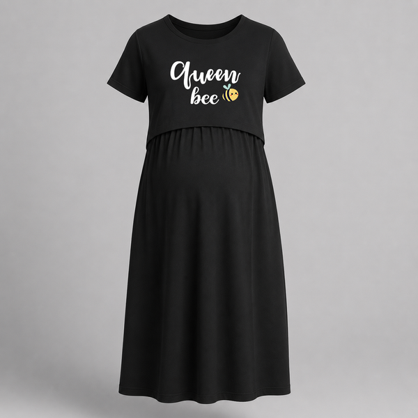 Queen Bee Printed Maternity Feeding Dress - BLACK - Extra Small (Chest 32")